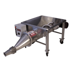 The Carlsen 130 Screw Sump is equipped with a stainless steel industrial mixer that features a conical input funnel and a rectangular mixing tray. It is mounted on four wheels for easy mobility and includes control buttons and a labeled panel on the side.