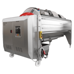 The Puleo SC-50 closed Tank Membrane Press is a large, stainless steel commercial juicing machine with rounded components and a control panel positioned on the side. It is equipped with hoses and mounted on wheels for easy mobility.