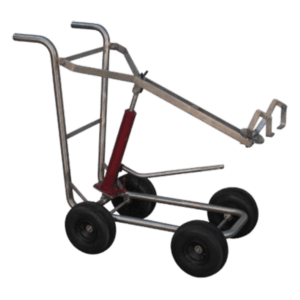 A Stand Mixer Cart featuring a robust metallic frame with four wheels, equipped with handles and a hydraulic mechanism for lifting. The design incorporates a red hydraulic ram and an extended arm fitted with a clamping mechanism to securely transport and lift heavy mixers or equipment.